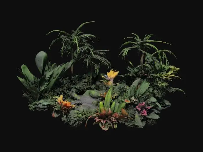 3D model for lush isometric tropical jungle garden paradise with palm trees  beautiful flowering tropical plants featuring ferns, palms and bird of paradise, #garden#