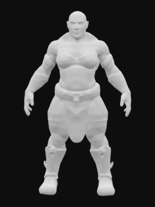 3D model for Giant bald female Orc , no weapon , symmetry , A- pose , game asset, no hair, Studded leather bra, brief leather loin cloth, leather boots