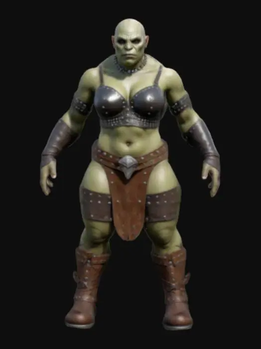 3D model for Giant bald female Orc , no weapon , symmetry , A- pose , game asset, no hair, Studded leather bra, brief leather loin cloth, leather boots