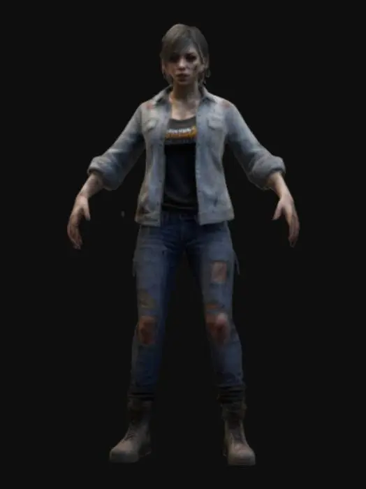 3D model for Urban zombie, short hair, ripped street outfit and scuffed boots, extremely detailed, realistic facial features, realistic face depth, realistic profile, high resolution texture, no weapon, symmetry, A- pose , game asset