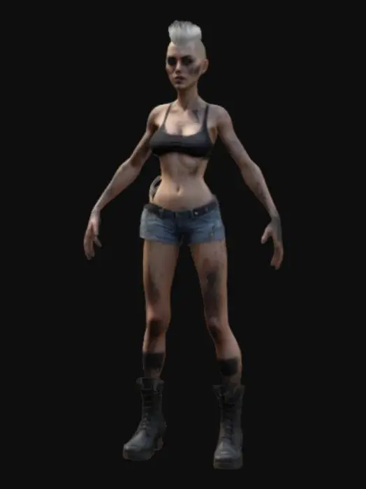 3D model for Urban zombie, female buzzcut hair, skimpy ripped street outfit and scuffed boots, extremely detailed, realistic facial features, realistic face profile, high resolution texture, no weapon, symmetry, A- pose , game asset