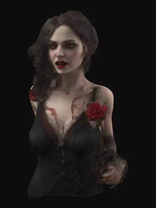 3D model for 1920s female vampire, detailed head and shoulder bust, photorealism, realistic adult woman body proportions, detailed face, high resolution, bold art deco style, low cut dress showing ample cleavage, 1920s vamp makeup, décolletage, long stem red rose with thorns held between teeth with vampire fangs showing, slim body