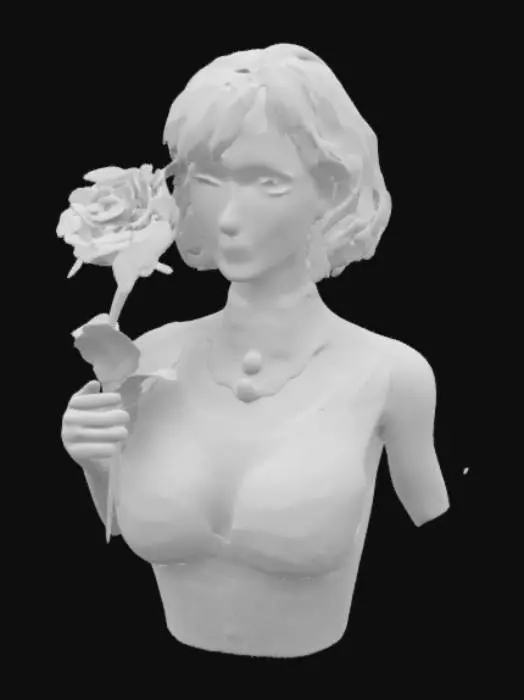 3D model for #valentine# 1920s female vampire, detailed head and shoulders, photorealism, realistic adult woman body proportions, detailed face, high resolution, bold gothic style, low cut dress showing ample cleavage, 1920s vamp makeup, décolletage, long stem red rose in her hand, blood dripping from lower lip