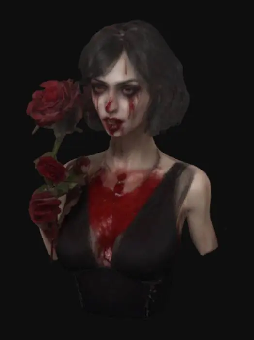 3D model for #valentine# 1920s female vampire, detailed head and shoulders, photorealism, realistic adult woman body proportions, detailed face, high resolution, bold gothic style, low cut dress showing ample cleavage, 1920s vamp makeup, décolletage, long stem red rose in her hand, blood dripping from lower lip