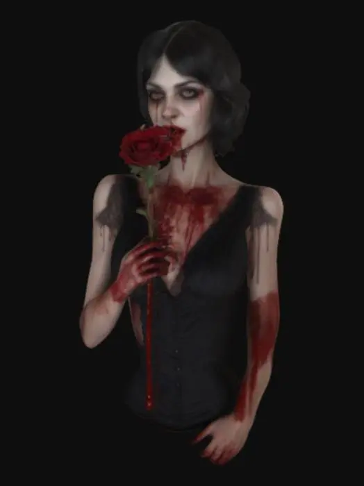 3D model for #valentine# 1920s female vampire, detailed head and shoulders, photorealism, realistic adult woman body proportions, detailed face, high resolution, bold gothic style, low cut dress showing ample cleavage, 1920s vamp makeup, décolletage, long stem red rose in her hand, blood dripping from lower lip