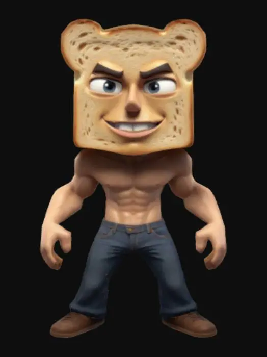3D model for short stylized male with an enormous piece of toast for a head, simple stylized cartoon face and stylized cartoon body. menacing expression with closed mouth. sleeveless muscle shirt and skinny jeans. standing in a wide UE5 A-pose with hands away from the body.  game ready toastman character 