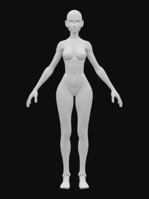 3D model for full-body humanoid female, symmetry, A-pose, game asset, features an elongated, curved head and intricate biomechanical textures that seamlessly blend organic and mechanical elements. realistic skin tone on face with matte coloured plastic texture for other organic elements. optimised for rigging and animation