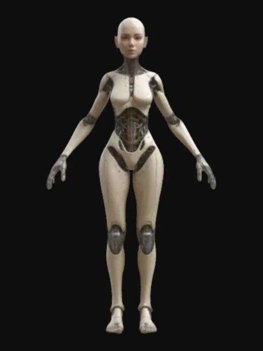 3D model for full-body humanoid female, symmetry, A-pose, game asset, features an elongated, curved head and intricate biomechanical textures that seamlessly blend organic and mechanical elements. realistic skin tone on face with matte coloured plastic texture for other organic elements. optimised for rigging and animation