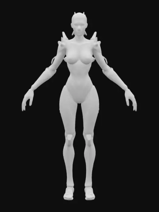 3D model for full-body humanoid female, symmetry, A-pose, game asset, features intricate biomechanical textures that seamlessly blend organic and mechanical elements. realistic skin tone on face with translucent iridescent texture for other organic elements. beautiful face with realistic features and well defined facial profile. optimised for rigging and animation