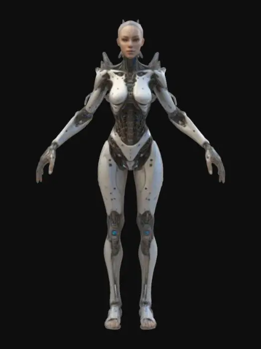 3D model for full-body humanoid female, symmetry, A-pose, game asset, features intricate biomechanical textures that seamlessly blend organic and mechanical elements. realistic skin tone on face with translucent iridescent texture for other organic elements. beautiful face with realistic features and well defined facial profile. optimised for rigging and animation
