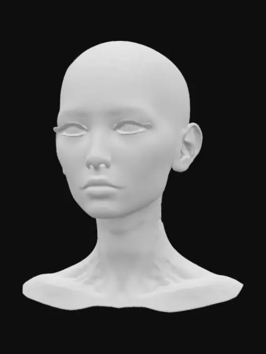 3D model for head and shoulders, bald humanoid female, symmetry, game asset, features intricate biomechanical textures that seamlessly blend organic and mechanical elements. realistic skin tone on face with translucent iridescent texture for other organic elements. beautiful face with realistic features and well defined facial profile. optimised for rigging and animation