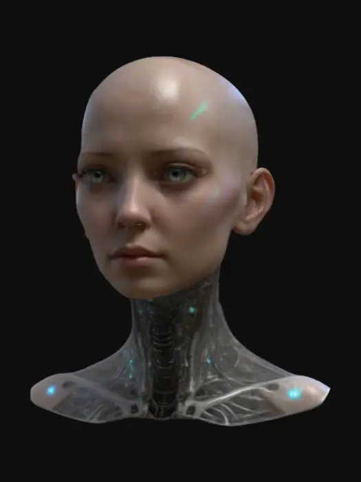 3D model for head and shoulders, bald humanoid female, symmetry, game asset, features intricate biomechanical textures that seamlessly blend organic and mechanical elements. realistic skin tone on face with translucent iridescent texture for other organic elements. beautiful face with realistic features and well defined facial profile. optimised for rigging and animation