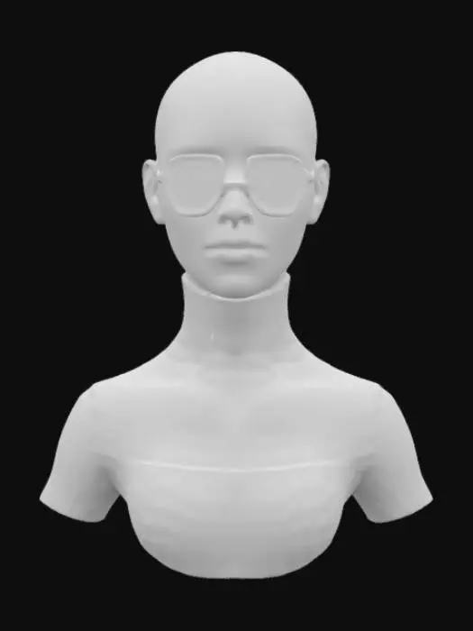 3D model for full-body bald humanoid female, symmetry, A-pose, game asset, features intricate biomechanical textures that seamlessly blend organic and mechanical elements. realistic skin tone on face with translucent glowing neon texture for other organic elements. beautiful face with realistic features and well defined facial profile. optimised for rigging and animation