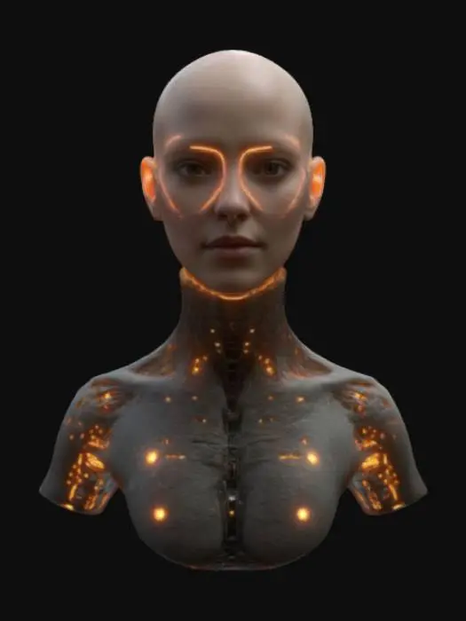 3D model for full-body bald humanoid female, symmetry, A-pose, game asset, features intricate biomechanical textures that seamlessly blend organic and mechanical elements. realistic skin tone on face with translucent glowing neon texture for other organic elements. beautiful face with realistic features and well defined facial profile. optimised for rigging and animation
