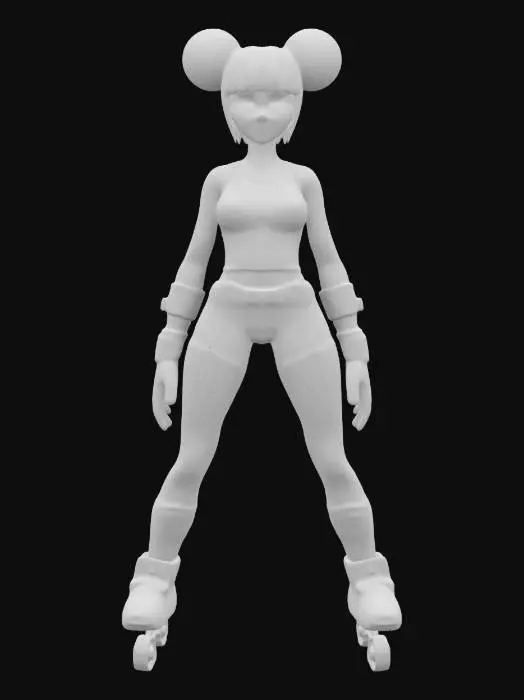 3D model for strong, powerful, beautiful, young, female in a roller derby outfit,  arms outstretched standing in a game ready A-Pose. a Pixar inspired digitally painted figure featuring a woman with a smooth texture, soft lighting, and stylized, flowing brushstrokes. creating a serene and elegant appearance. short spiky hair symmetrical with perfectly formed facial features optimised for animation and rigging. 