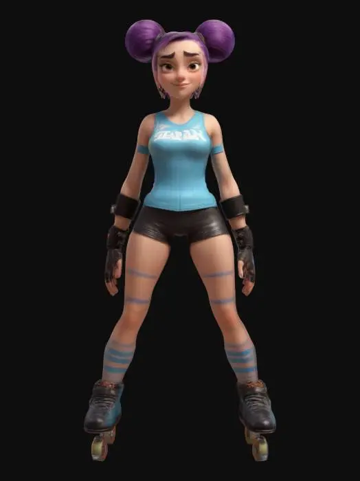 3D model for strong, powerful, beautiful, young, female in a roller derby outfit,  arms outstretched standing in a game ready A-Pose. a Pixar inspired digitally painted figure featuring a woman with a smooth texture, soft lighting, and stylized, flowing brushstrokes. creating a serene and elegant appearance. short spiky hair symmetrical with perfectly formed facial features optimised for animation and rigging. 