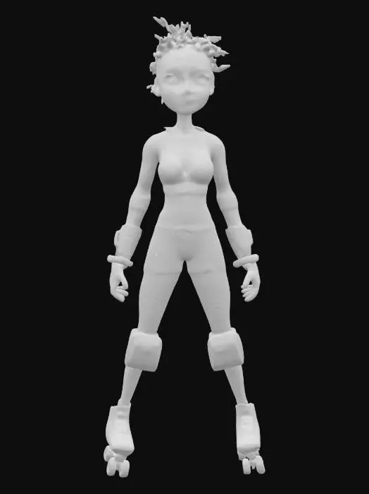 3D model for strong, powerful, beautiful, young, female in a roller derby outfit,  arms outstretched standing in a game ready A-Pose. a Pixar inspired digitally painted figure featuring a woman with a smooth texture, soft lighting, and stylized, flowing brushstrokes. creating a serene and elegant appearance. short spiky hair symmetrical with perfectly formed facial features optimised for animation and rigging. 
