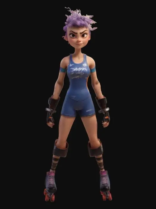 3D model for strong, powerful, beautiful, young, female in a roller derby outfit,  arms outstretched standing in a game ready A-Pose. a Pixar inspired digitally painted figure featuring a woman with a smooth texture, soft lighting, and stylized, flowing brushstrokes. creating a serene and elegant appearance. short spiky hair symmetrical with perfectly formed facial features optimised for animation and rigging. 