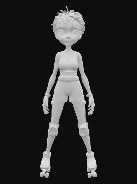 3D model for strong, powerful, beautiful, young, female in a roller derby outfit,  arms outstretched standing in a game ready A-Pose. a Pixar inspired digitally painted figure featuring a woman with a smooth texture, soft lighting, and stylized, flowing brushstrokes. creating a serene and elegant appearance. short spiky hair symmetrical with perfectly formed facial features optimised for animation and rigging. 