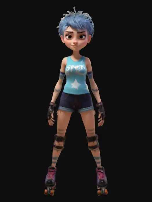 3D model for strong, powerful, beautiful, young, female in a roller derby outfit,  arms outstretched standing in a game ready A-Pose. a Pixar inspired digitally painted figure featuring a woman with a smooth texture, soft lighting, and stylized, flowing brushstrokes. creating a serene and elegant appearance. short spiky hair symmetrical with perfectly formed facial features optimised for animation and rigging. 