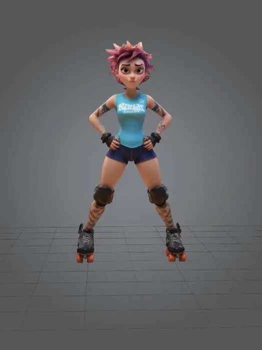 3D model for strong, powerful, beautiful, young, female in a roller derby outfit,  arms outstretched standing in a game ready A-Pose. a Pixar inspired digitally painted figure featuring a woman with a smooth texture, soft lighting, and stylized, flowing brushstrokes. creating a serene and elegant appearance. short spiky hair symmetrical with perfectly formed facial features optimised for animation and rigging. 