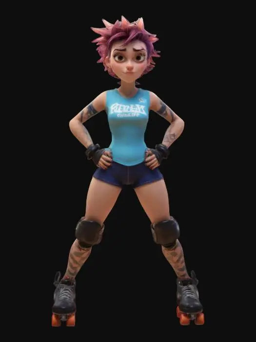 3D model for strong, powerful, beautiful, young, female in a roller derby outfit,  arms outstretched standing in a game ready A-Pose. a Pixar inspired digitally painted figure featuring a woman with a smooth texture, soft lighting, and stylized, flowing brushstrokes. creating a serene and elegant appearance. short spiky hair symmetrical with perfectly formed facial features optimised for animation and rigging. 