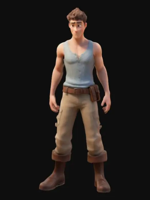 3D model for strong, powerful, beautiful, young, male adventurer,  arms outstretched standing in a game ready A-Pose. a Pixar inspired digitally painted figure featuring a man with a smooth texture, soft lighting, and stylized, flowing brushstrokes. creating a serene and elegant appearance. short spiky hair, sleeveless sheer shirt unbuttoned,  symmetrical with perfectly formed facial features optimised for animation and rigging. 