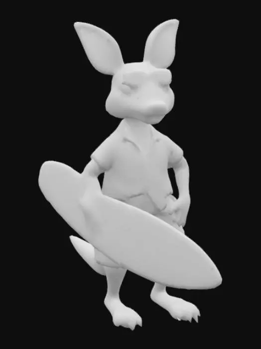 3D model for Australia. A Pixar inspired Kangaroo wearing a Hawaiian shirt and green and gold shorts holding a surfboard.  sunglasses and zinc cream on the nose.  Colourful cartoon style, #AroundTheWorld#