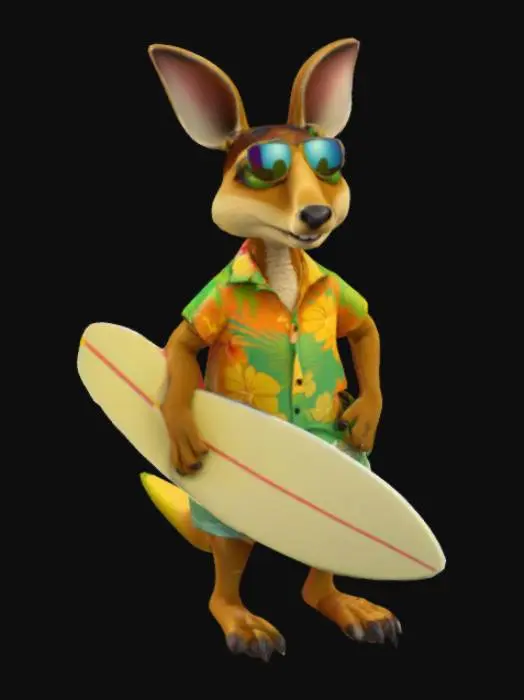 3D model for Australia. A Pixar inspired Kangaroo wearing a Hawaiian shirt and green and gold shorts holding a surfboard.  sunglasses and zinc cream on the nose.  Colourful cartoon style, #AroundTheWorld#