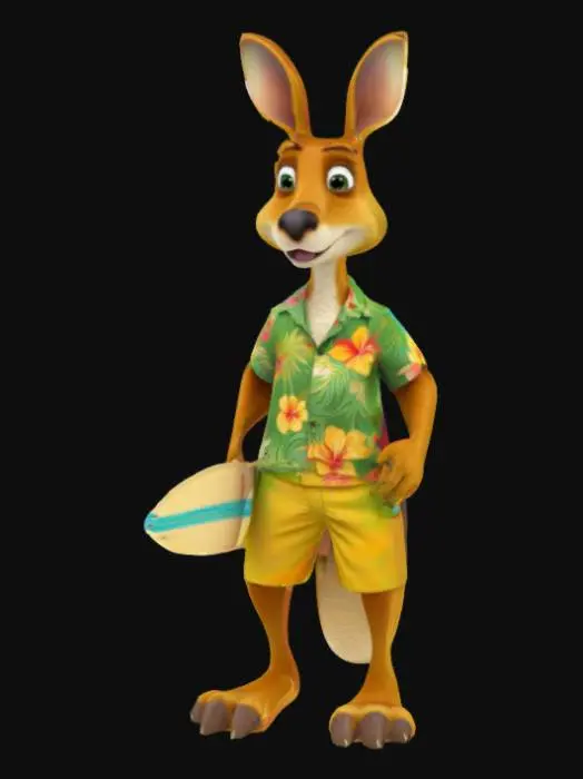 3D model for [Australia]. A Pixar inspired Kangaroo wearing a Hawaiian shirt and green and gold shorts holding a perfectly formed surfboard under one arm.   Colourful cartoon style, #AroundTheWorld#