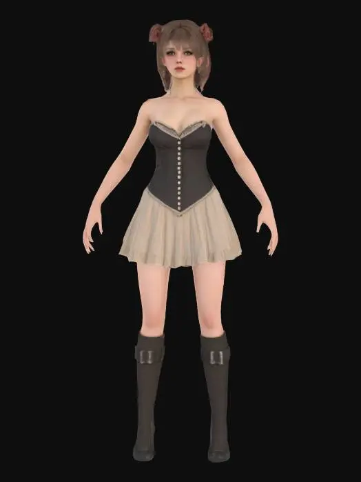 3D model for High detail realistic beautiful retro Victorian lolita showgirl in a short sleeveless dress.  full length standing in a game ready A-pose. Hi resolution PBR textures. realistic anatomy and facial features. game ready a-pose optimsed for animation and rigging