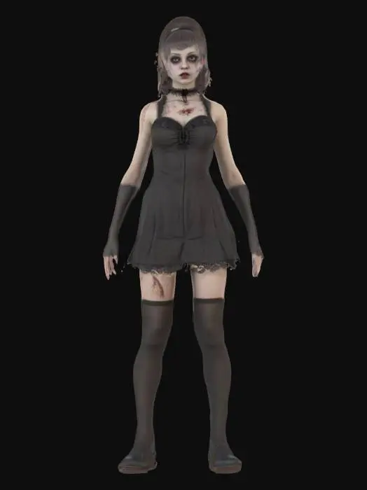 3D model for High detail realistic beautiful retro Victorian lolita zombie showgirl in a short sleeveless dress.  full length standing in a game ready A-pose. Hi resolution PBR textures. realistic anatomy and facial features. game ready a-pose optimsed for animation and rigging