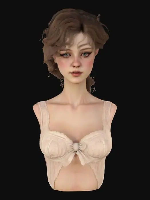 3D model for High detail realistic bust of a beautiful retro Victorian lolita showgirl. sheer sleeveless top. Hi resolution PBR textures. realistic anatomy and facial features