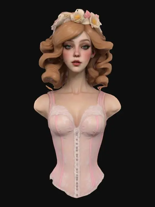 3D model for High detail realistic bust of a beautiful retro Victorian lolita showgirl. sheer sleeveless top. Hi resolution PBR textures. realistic anatomy and facial features