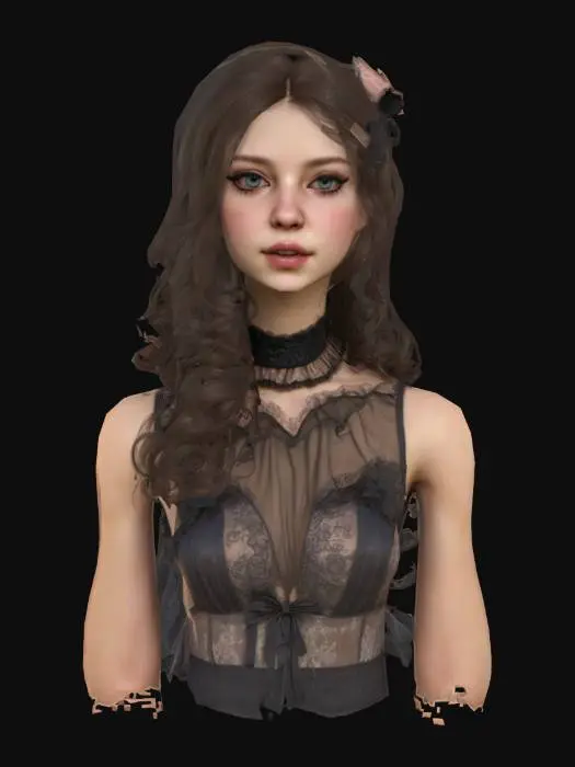 3D model for High detail realistic bust of a beautiful retro Victorian lolita showgirl. sheer sleeveless top. Hi resolution PBR textures. realistic anatomy and facial features