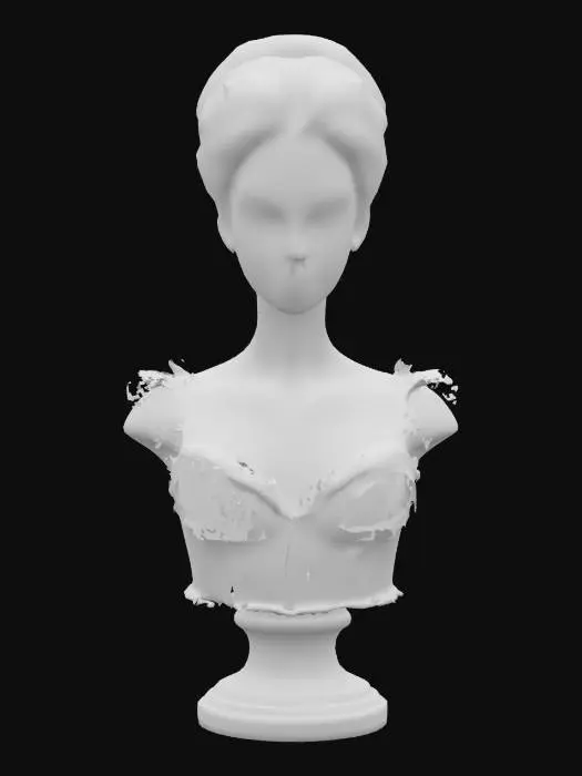 3D model for High detail realistic bust of a beautiful retro Victorian lolita showgirl on a stand. sheer sleeveless top. Hi resolution PBR textures. realistic anatomy and realistic  facial features