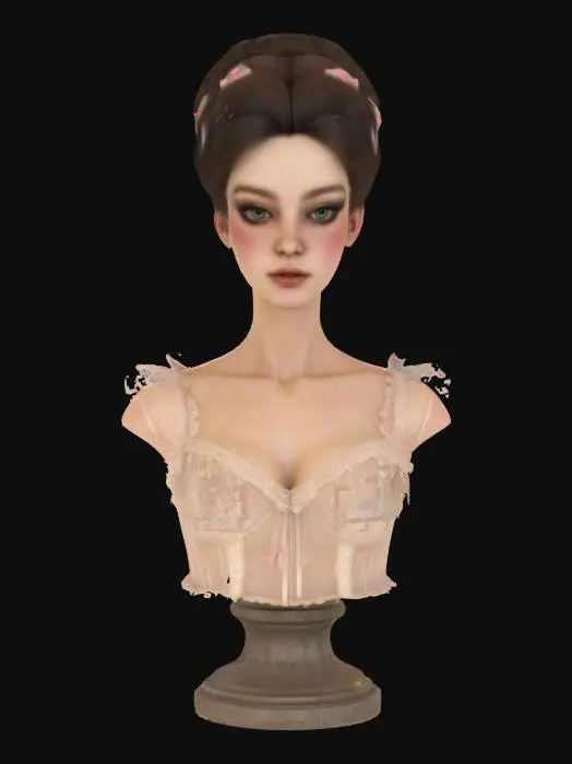 3D model for High detail realistic bust of a beautiful retro Victorian lolita showgirl on a stand. sheer sleeveless top. Hi resolution PBR textures. realistic anatomy and realistic  facial features