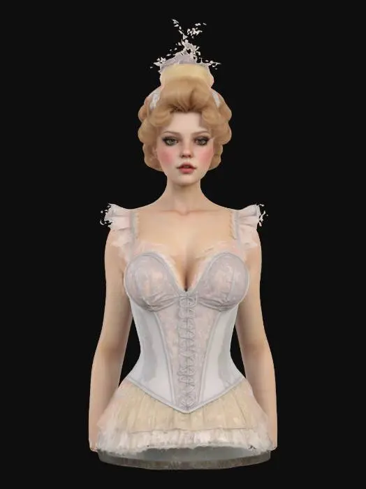 3D model for High detail realistic bust of a beautiful retro Victorian lolita showgirl on a stand. sheer sleeveless top. Hi resolution PBR textures. realistic anatomy and realistic  facial features