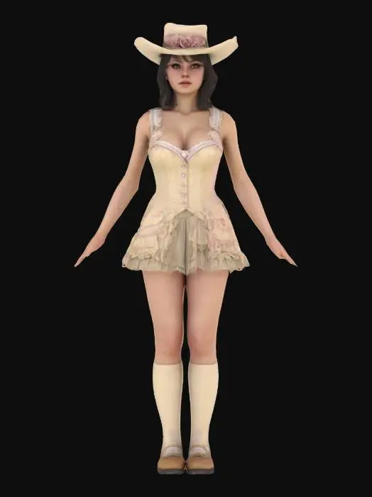 3D model for High detail realistic beautiful retro Victorian lolita showgirl in a short sleeveless dress.  full length standing in a game ready A-pose. Hi resolution PBR textures. realistic anatomy and facial features. game ready a-pose optimsed for animation and rigging
