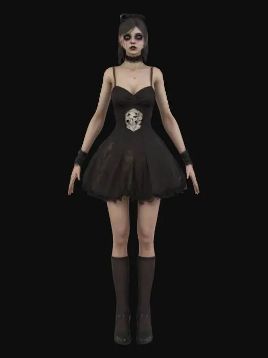 3D model for High detail realistic beautiful retro Victorian lolita zombie showgirl in a short sleeveless dress.  full length standing in a game ready A-pose. Hi resolution PBR textures. realistic anatomy and facial features. game ready a-pose optimsed for animation and rigging