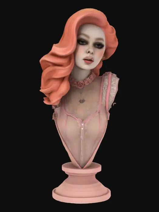3D model for High detail realistic bust of a beautiful retro Victorian lolita showgirl on a stand. sheer sleeveless top. Hi resolution PBR textures. realistic anatomy and realistic  facial features