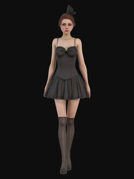 3D model for High detail realistic beautiful retro Victorian lolita showgirl in a short sleeveless dress.  full length standing in a game ready A-pose. Hi resolution PBR textures. realistic anatomy and facial features. game ready a-pose optimsed for animation and rigging