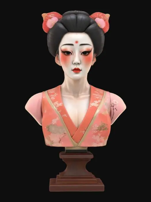 3D model for High detail realistic bust of a beautiful retro geisha on a stand. sleeveless kimono with cleavage. Hi resolution PBR textures. realistic anatomy and realistic  facial features