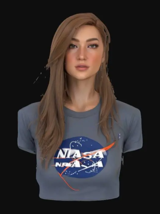 3D model for close up bust of a beautiful realistic female wearing a t-shirt featuring a large NASA emblem.  #emblem#
