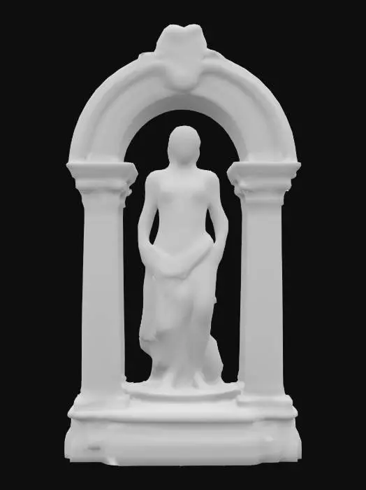 3D model for An aged and worn marble roman arch with decorative pillars standing at the entrance of a grotto.  Inside the grotto we see a Michelangelo style sculpture of a beautiful woman loosely draped in flowing silk