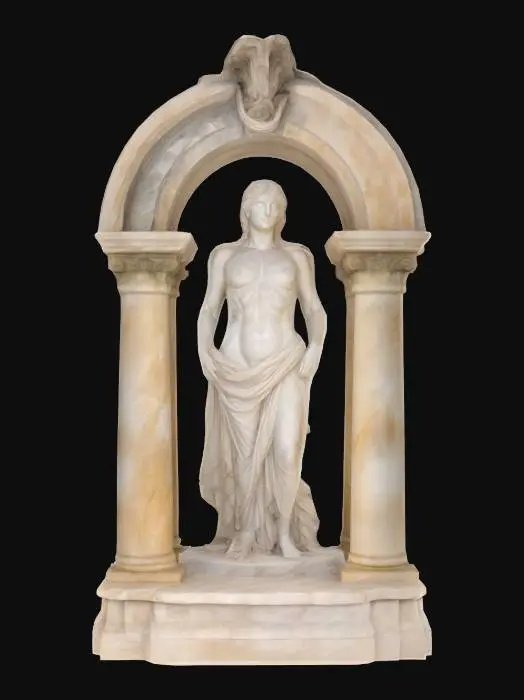3D model for An aged and worn marble roman arch with decorative pillars standing at the entrance of a grotto.  Inside the grotto we see a Michelangelo style sculpture of a beautiful woman loosely draped in flowing silk