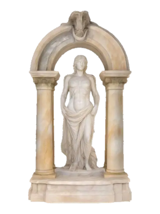 An aged and worn marble roman arch with decorative pillars standing at the entrance… 3D model, vytvořený pomocí AI