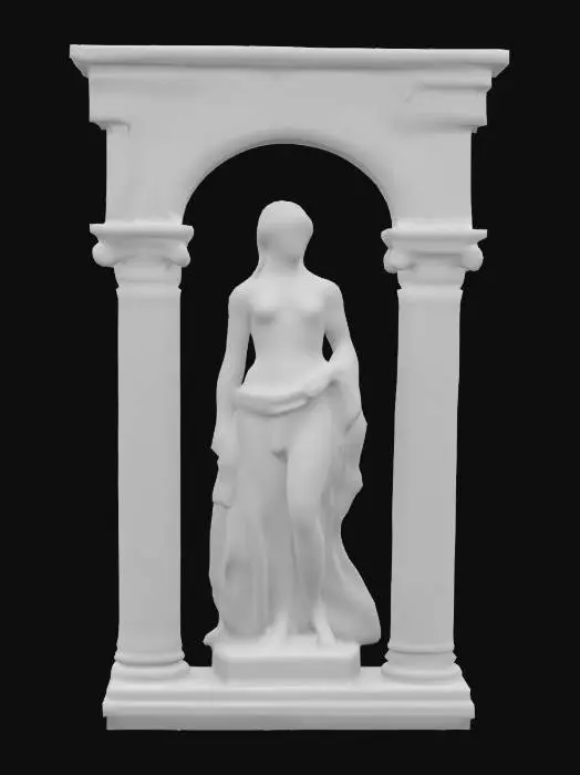 3D model for An aged and worn marble roman arch with decorative pillars standing at the entrance of a grotto.  Inside the grotto we see a Michelangelo style sculpture of a beautiful woman loosely draped in flowing silk, #arch#