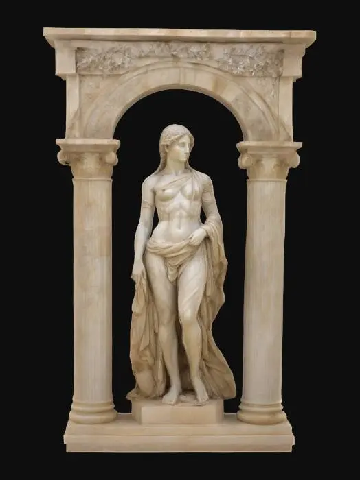 3D model for An aged and worn marble roman arch with decorative pillars standing at the entrance of a grotto.  Inside the grotto we see a Michelangelo style sculpture of a beautiful woman loosely draped in flowing silk, #arch#