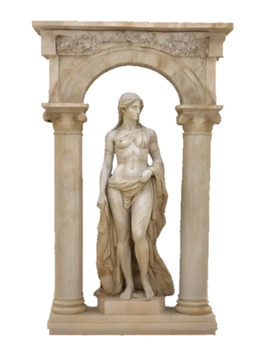 An aged and worn marble roman arch with decorative pillars standing at the entrance… 3D model, vytvořený pomocí AI
